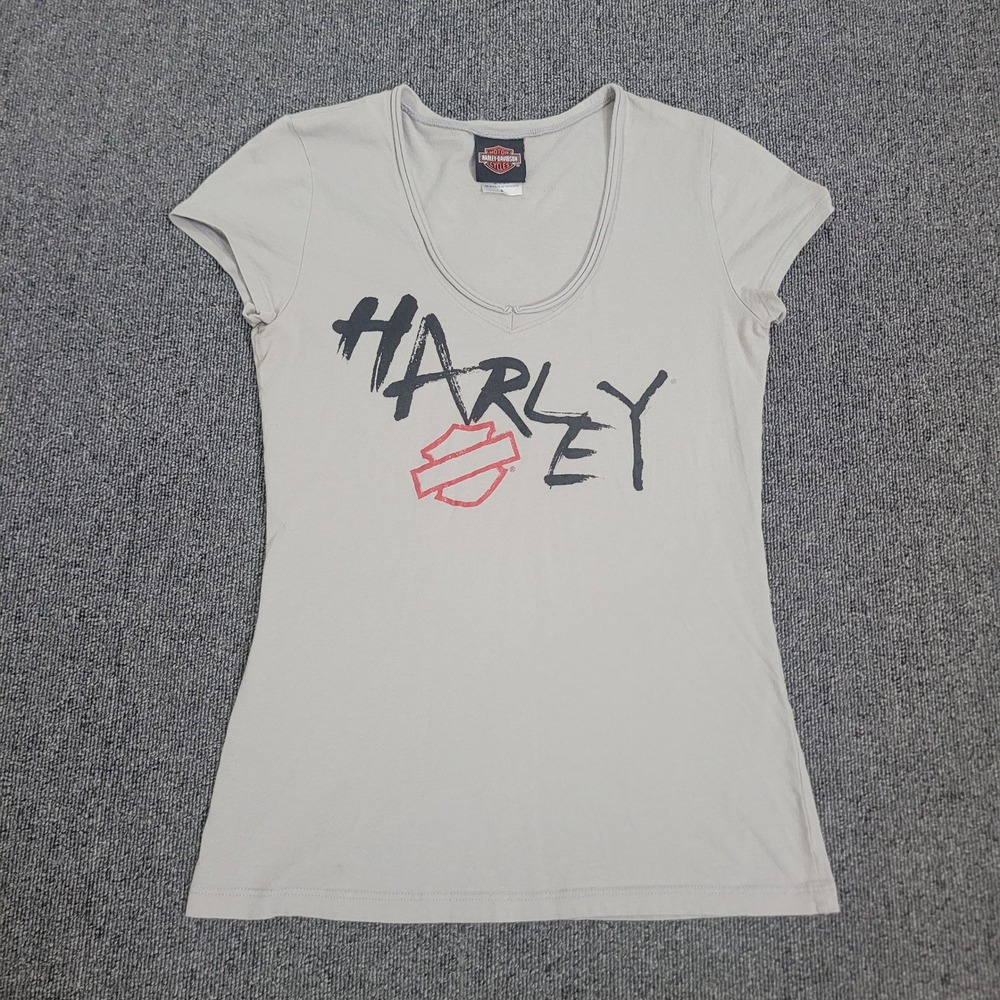 Harley-Davidson Small T-Shirt Womens Gray Scoop Neck Graphic Biker Tee USA Made